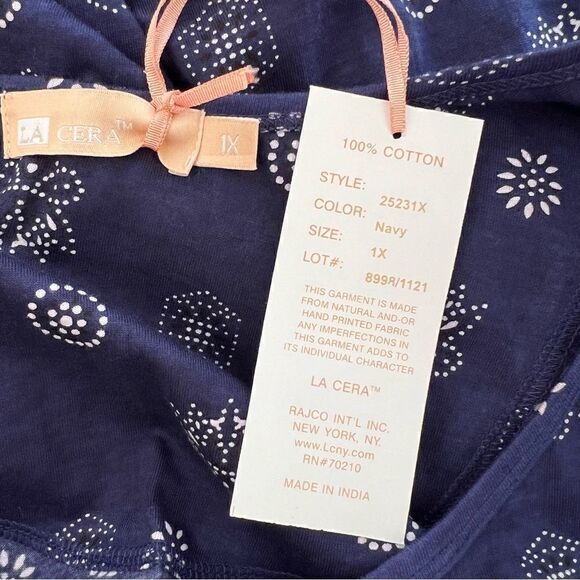 La Cera 1X NWT Cotton Tunic Maxi Dress Blue and White Side Pockets - Picture 7 of 9